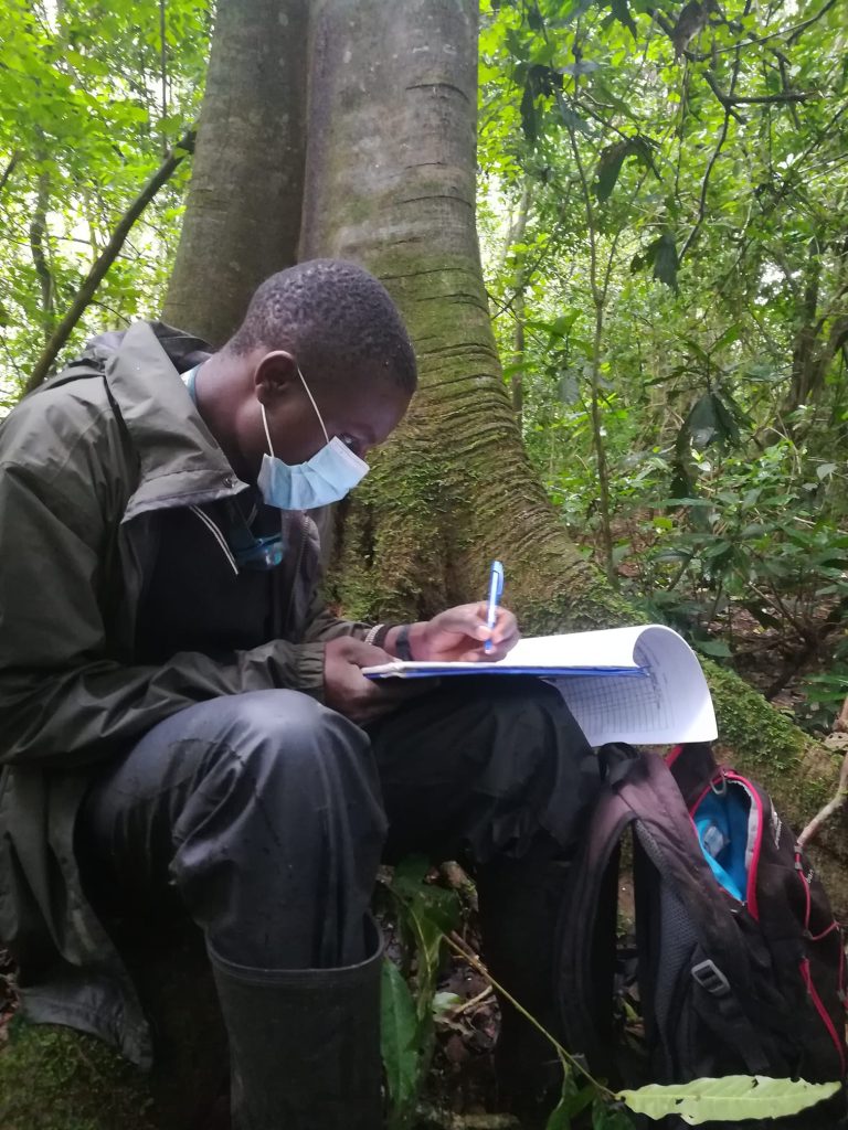 Researcher with a face mask in a forest taking notes with a pencil
